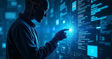 Świetlisty agent AI manipulujący ekranami i strumieniami kodu w odcieniach indygo i cyjanu.