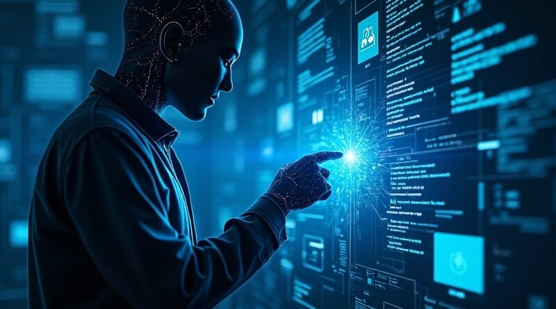 Świetlisty agent AI manipulujący ekranami i strumieniami kodu w odcieniach indygo i cyjanu.