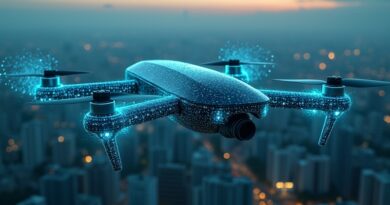 Autonomiczny dron z świecącymi wzorami neuronowymi nad futurystycznym miastem o zmierzchu.