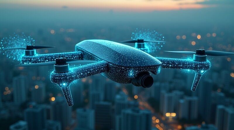 Autonomiczny dron z świecącymi wzorami neuronowymi nad futurystycznym miastem o zmierzchu.