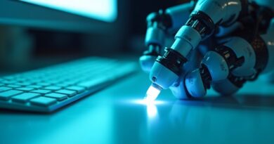 Robotyczne ramię odkręca świecącą skuwkę markera na minimalistycznym biurku, stal i neonowy błękit.