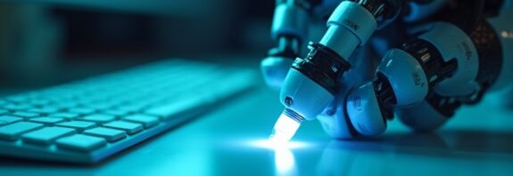 Robotyczne ramię odkręca świecącą skuwkę markera na minimalistycznym biurku, stal i neonowy błękit.