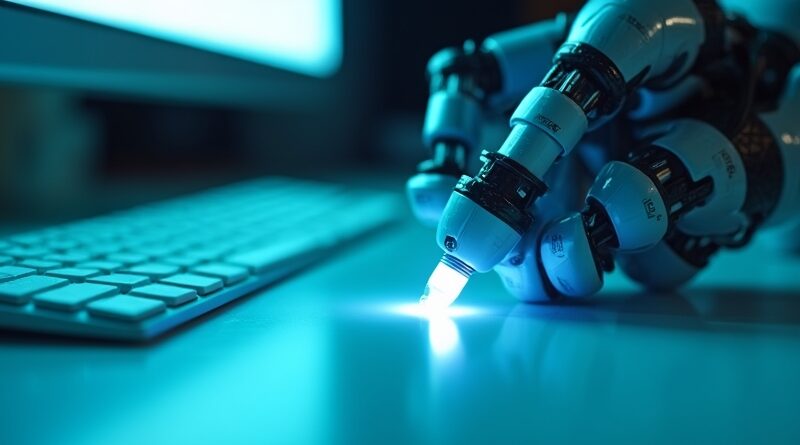 Robotyczne ramię odkręca świecącą skuwkę markera na minimalistycznym biurku, stal i neonowy błękit.