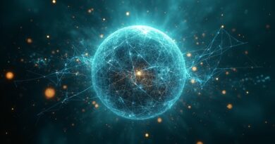 Świetlista sfera z kodu otoczona pękającymi tarczami, granat z turkusem i złotem, atmosfera napięcia.