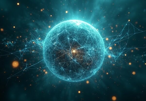 Świetlista sfera z kodu otoczona pękającymi tarczami, granat z turkusem i złotem, atmosfera napięcia.