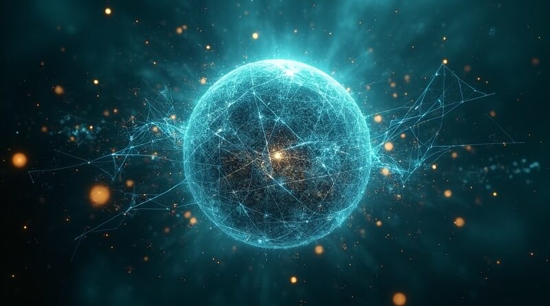 Świetlista sfera z kodu otoczona pękającymi tarczami, granat z turkusem i złotem, atmosfera napięcia.