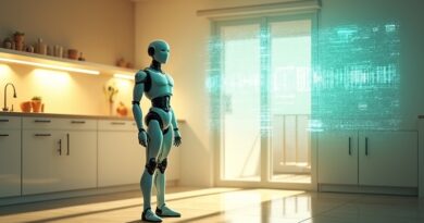 Humanoid w kuchni, cyfrowy bliźniak jako tealowa siatka, złote światło i spokojna edytorialowa atmosfera.