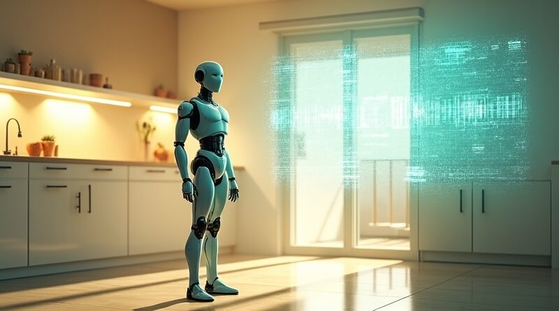 Humanoid w kuchni, cyfrowy bliźniak jako tealowa siatka, złote światło i spokojna edytorialowa atmosfera.