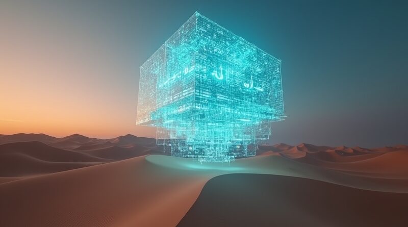 Futurystyczna cyberoaza w Rijadzie, świetlisty sześcian danych nad wydmami, wirująca arabska kaligrafia.