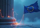 Pęknięta kolumna z flagą UE uwikłana w żarzące się kable US AI we mgle