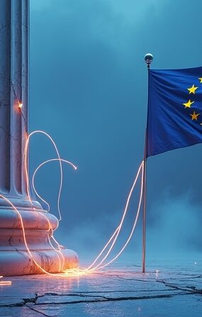 Pęknięta kolumna z flagą UE uwikłana w żarzące się kable US AI we mgle