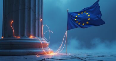 Pęknięta kolumna z flagą UE uwikłana w żarzące się kable US AI we mgle