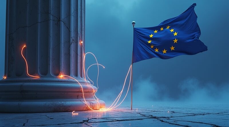 Pęknięta kolumna z flagą UE uwikłana w żarzące się kable US AI we mgle
