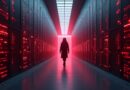 Holograficzna postać agenta AI rzuca światło na ciemne serwerownie, czerwone linie kodu alertów między rackami.