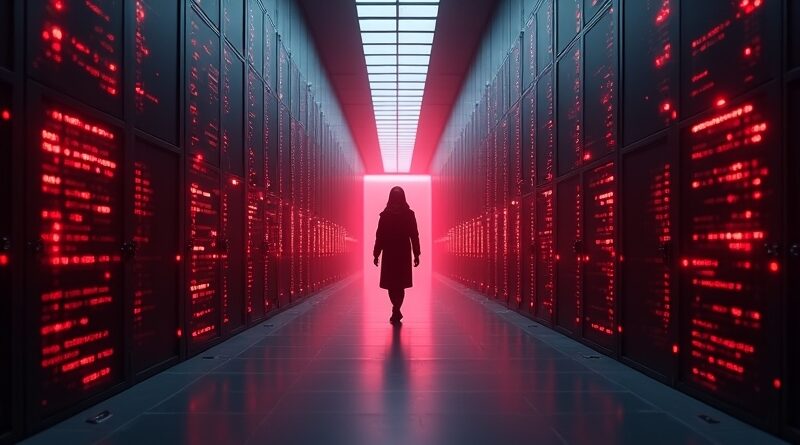 Holograficzna postać agenta AI rzuca światło na ciemne serwerownie, czerwone linie kodu alertów między rackami.
