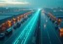 Futuristic logistics hub at twilight with glowing robot streams and autonomous vans.