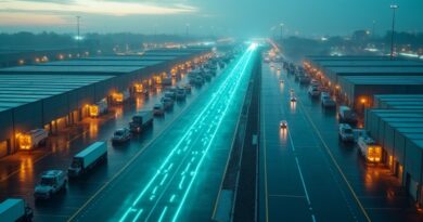 Futuristic logistics hub at twilight with glowing robot streams and autonomous vans.