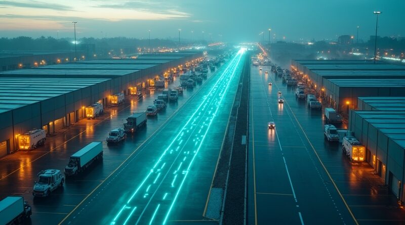 Futuristic logistics hub at twilight with glowing robot streams and autonomous vans.