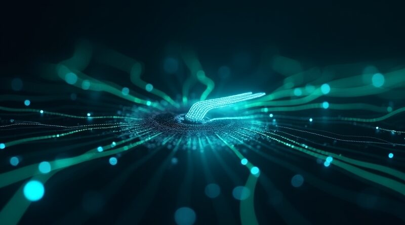 Futuristic binary decision point: glowing fork in pulsating network, high-tech precision.