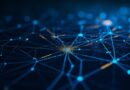 Neuronowa sieć decyzyjna z rozgałęzionymi ścieżkami, dane JSON przechodzące w węzły, granat i złoto.