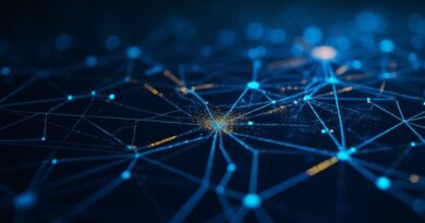 Neuronowa sieć decyzyjna z rozgałęzionymi ścieżkami, dane JSON przechodzące w węzły, granat i złoto.