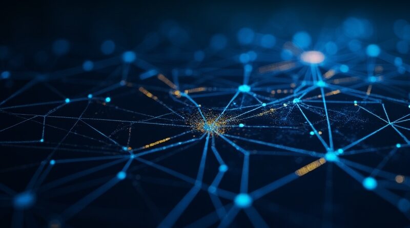 Neuronowa sieć decyzyjna z rozgałęzionymi ścieżkami, dane JSON przechodzące w węzły, granat i złoto.