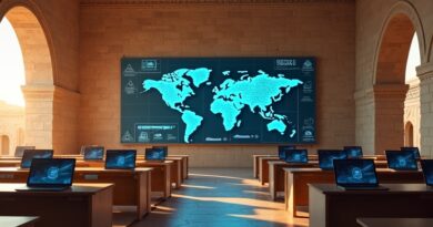Jordańska klasa ze starożytnymi łukami, cyfrowymi obwodami i mapą 3500 szkół, Chromebooki w świetle zachodu słońca.