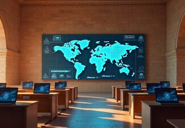Jordańska klasa ze starożytnymi łukami, cyfrowymi obwodami i mapą 3500 szkół, Chromebooki w świetle zachodu słońca.