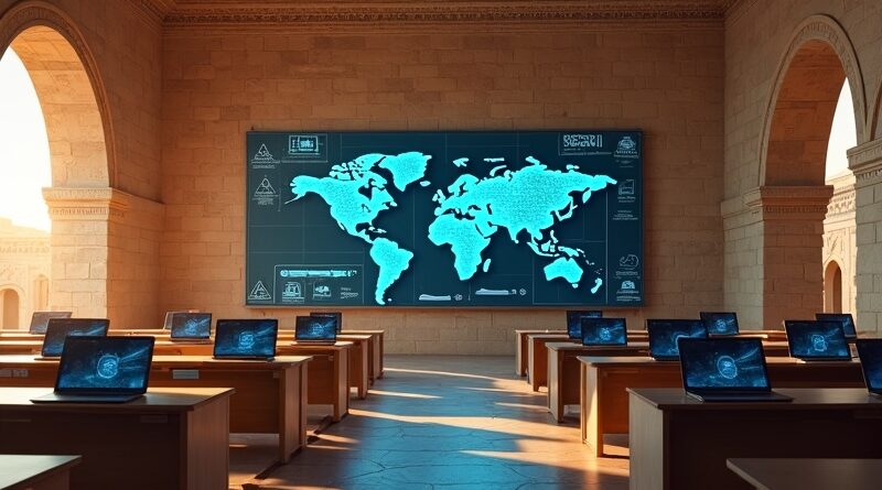 Jordańska klasa ze starożytnymi łukami, cyfrowymi obwodami i mapą 3500 szkół, Chromebooki w świetle zachodu słońca.