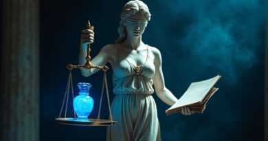 Marmurowa Lady Sprawiedliwość trzyma złotą wagę z lśniącą niebieską kulą AI i plikiem dokumentów.