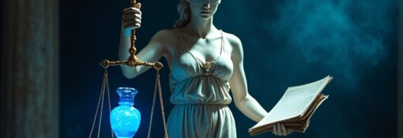Marmurowa Lady Sprawiedliwość trzyma złotą wagę z lśniącą niebieską kulą AI i plikiem dokumentów.