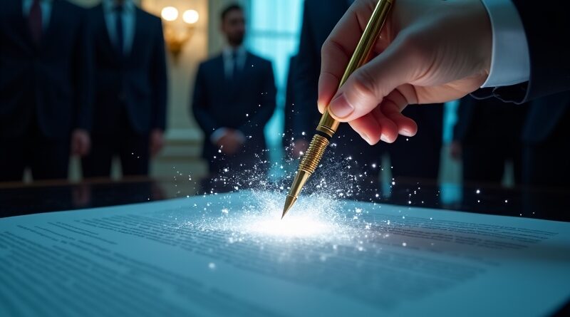 Złote pióro nad dokumentem rozpływającym się w cyfrowe cząsteczki, sylwetki prezesów technologicznych w Białym Domu.