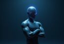 Geometryczny humanoid z siatką danych, skrzyżowane ramiona, neonowy blask, stalowoniebieskie tło