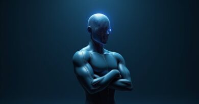 Geometryczny humanoid z siatką danych, skrzyżowane ramiona, neonowy blask, stalowoniebieskie tło
