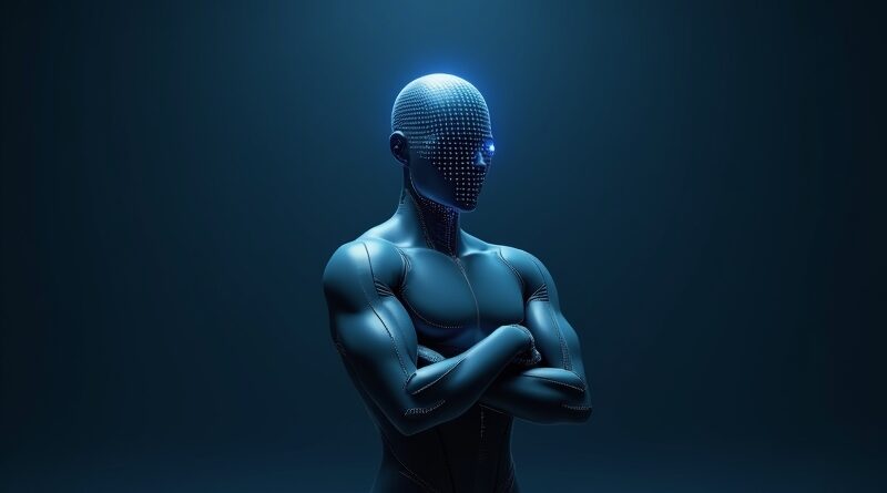 Geometryczny humanoid z siatką danych, skrzyżowane ramiona, neonowy blask, stalowoniebieskie tło