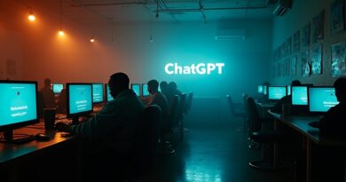 Opustoszała cyberkawiarnia w Nairobi, puste krzesła, migoczące ekrany ChatGPT, bursztynowo-niebieskie światło zmierzchu.