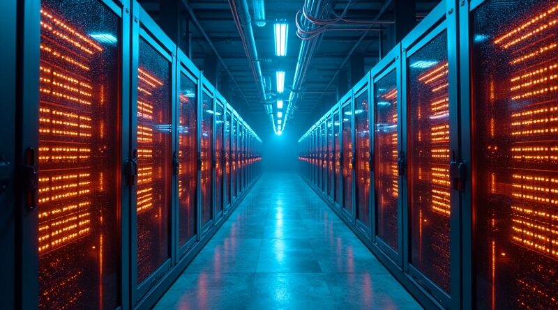 Stara koparka Bitcoinów przekształca się w świetlną sieć neuronową, błękitno-pomarańczową.