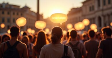 Wielojęzyczna grupa turystów z unoszącymi się nad nimi eterycznymi dymkami w różnych językach.