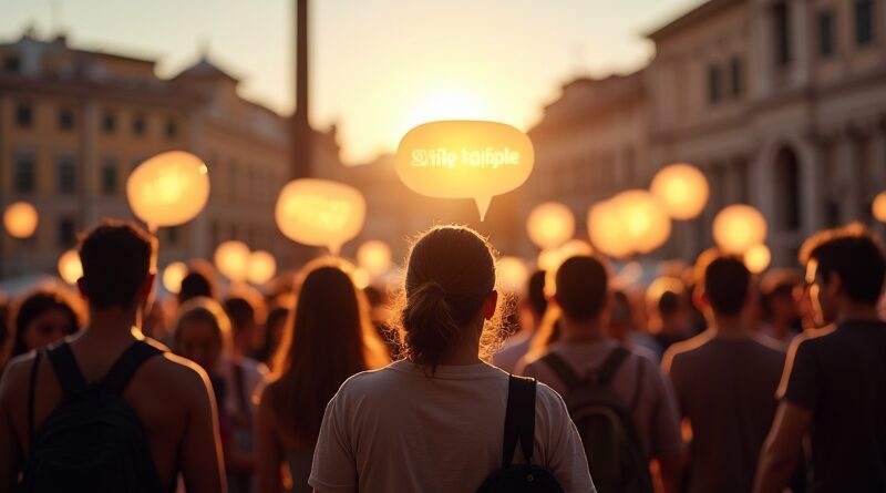 Wielojęzyczna grupa turystów z unoszącymi się nad nimi eterycznymi dymkami w różnych językach.