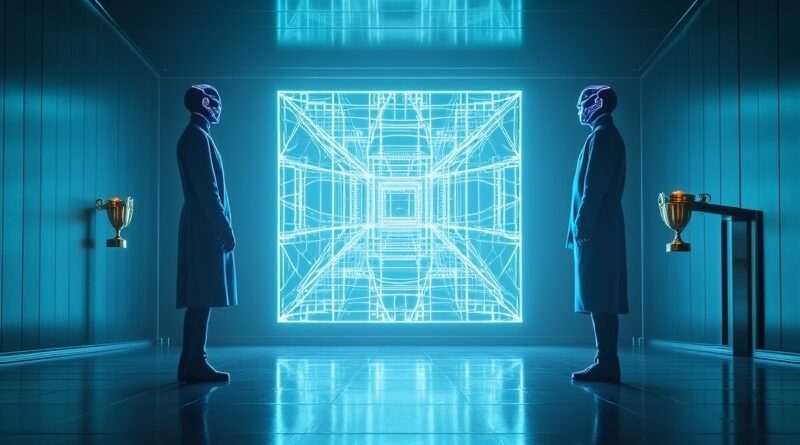 Dwie świetliste sylwetki agentów AI na tle holograficznego toru przeszkód i złotego trofeum.