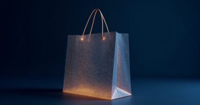 Translucent digital shopping bag woven from gold neural threads, indigo glow.