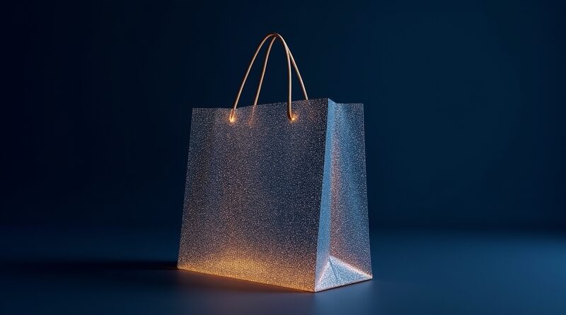 Translucent digital shopping bag woven from gold neural threads, indigo glow.