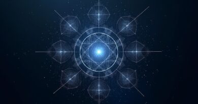 Precyzyjna mandala z chaosu danych, srebrno-indygo, symbol przełomu.