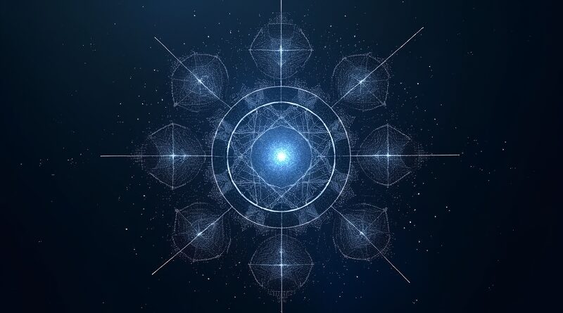Precyzyjna mandala z chaosu danych, srebrno-indygo, symbol przełomu.