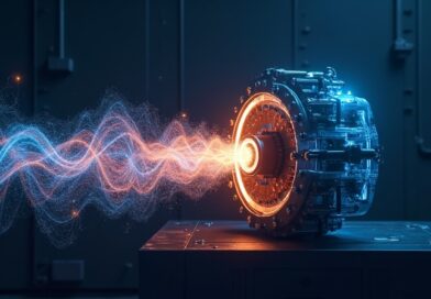 Świecące narzędzie CNC łączy model CAD z metalową częścią w neonowym świetle