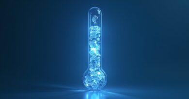 Termometr z tokenami AI schładzający się do znaków dolara, chłodna, minimalistyczna kompozycja.