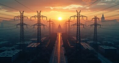 Lotniczy widok ogromnego centrum danych o zmierzchu, linie energetyczne, Kapitol na horyzoncie, złocisto-granatowa paleta.