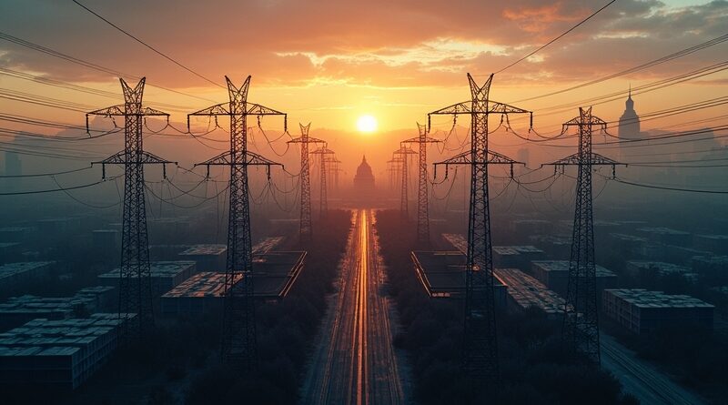 Lotniczy widok ogromnego centrum danych o zmierzchu, linie energetyczne, Kapitol na horyzoncie, złocisto-granatowa paleta.