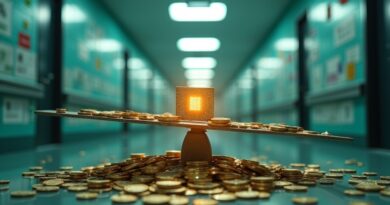 Szpitalny korytarz ze ścian z rachunków, waga szalkowa ważąca mikrochip i monety, złocisto-morskie światło.