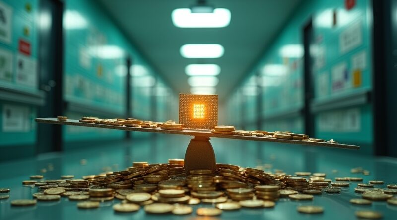 Szpitalny korytarz ze ścian z rachunków, waga szalkowa ważąca mikrochip i monety, złocisto-morskie światło.